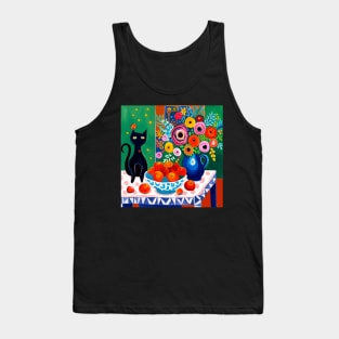 Black Cat with Gift of Fruit and Flowers Still Life Painting Tank Top